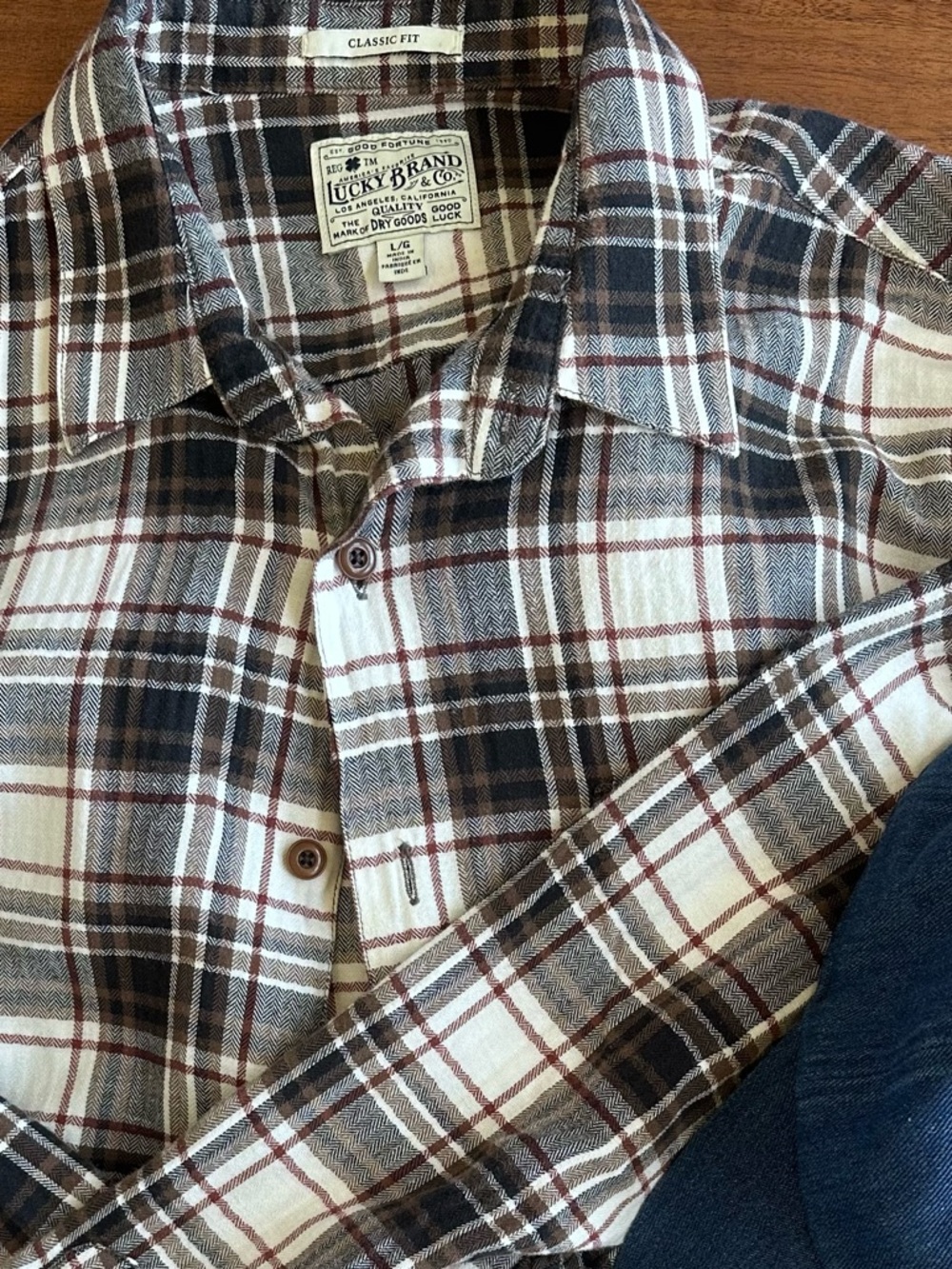 Lucky Brand, Classic Fit, Brown and Cream Plaid Button-Down Shirt, Size Large